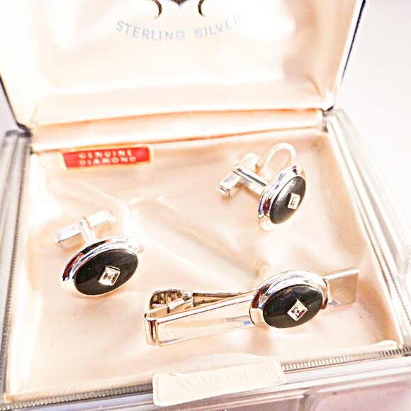 Vintage Anson Silver Onyx Diamond Cuff Links